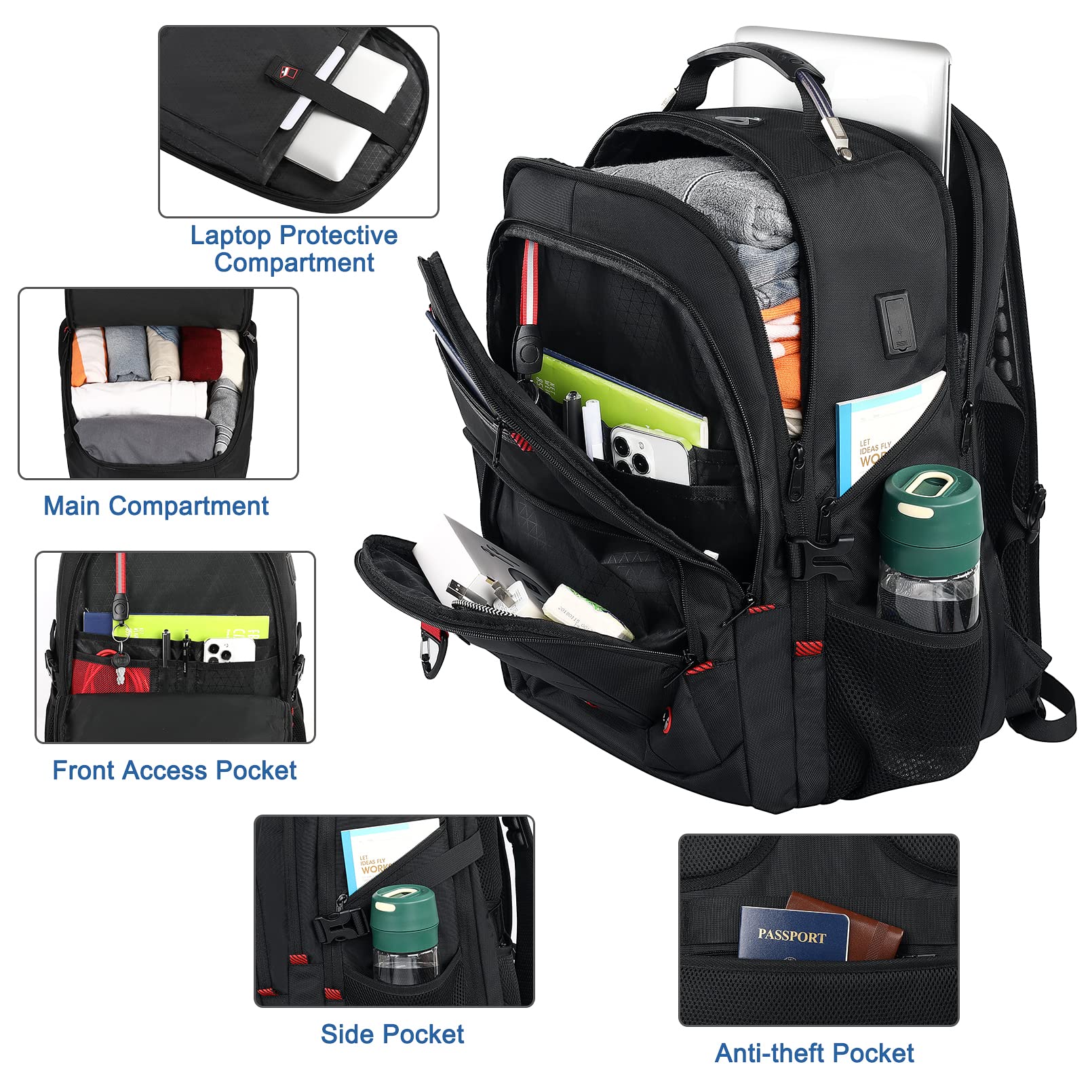 Extra Large Laptop Backpack, Travel Backpack, 50L Big TSA Computer Backpack, Durable 17 Inch Anti Theft Luggage Backpack for Men Women, Waterproof College School Bookbag with USB Port, Black