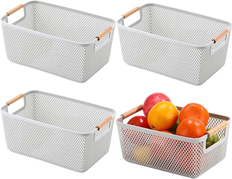 Set of four large grey plastic mesh baskets with handles
