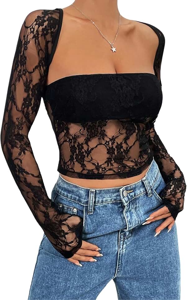 Long Sleeve Square Neck Lace Mesh Crop Top for Women