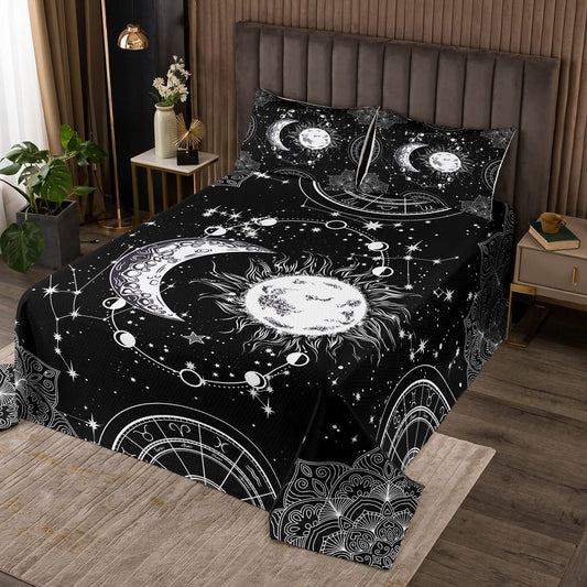 axy Bedspread Constellation Quilted Coverlet for Kids Boys Girls Teens Gothic Style Boho Mandala Coverlet Set Breathable Sun and Moon Quilted Black White Room Decor Queen Size