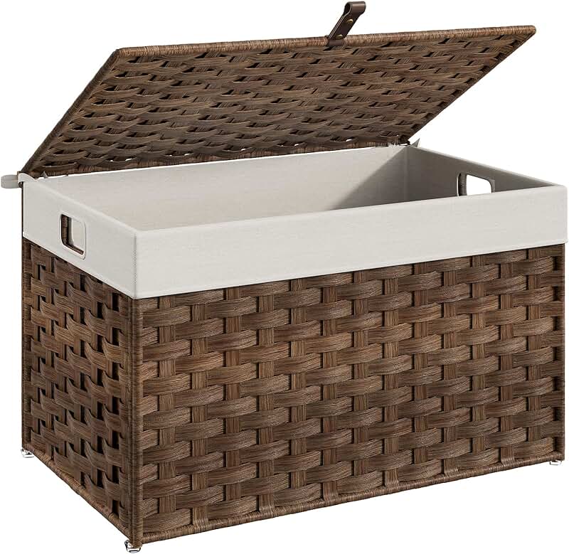 Wicker Storage Basket with Lid, 65L, Handles, Foldable