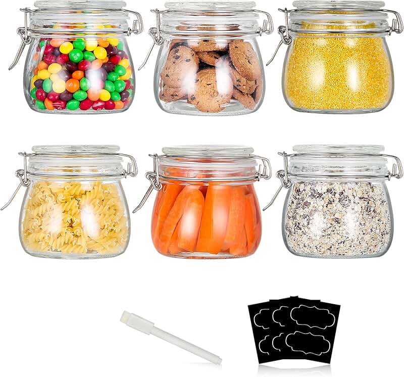 Six 16oz Clear Glass Food Storage Jars with Airtight Lids