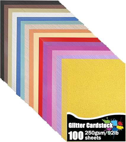 100 Sheets Glitter Cardstock in 15 Colors, 8.3 x 11.7 Inches