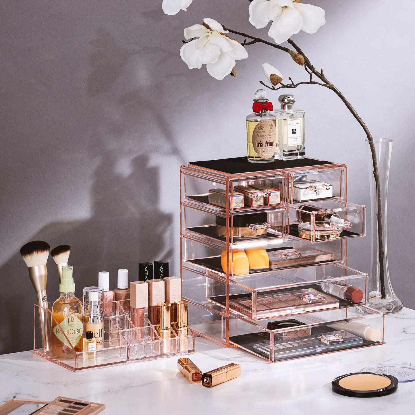 Clear Cosmetic Makeup Organizer  Make Up  Jewelry Storage, Case  Display  Spacious Design  Great Holder for Dresser, Bathroom, Vanity  Countertop 3 Large, 4 Small Dr ers) Pink]