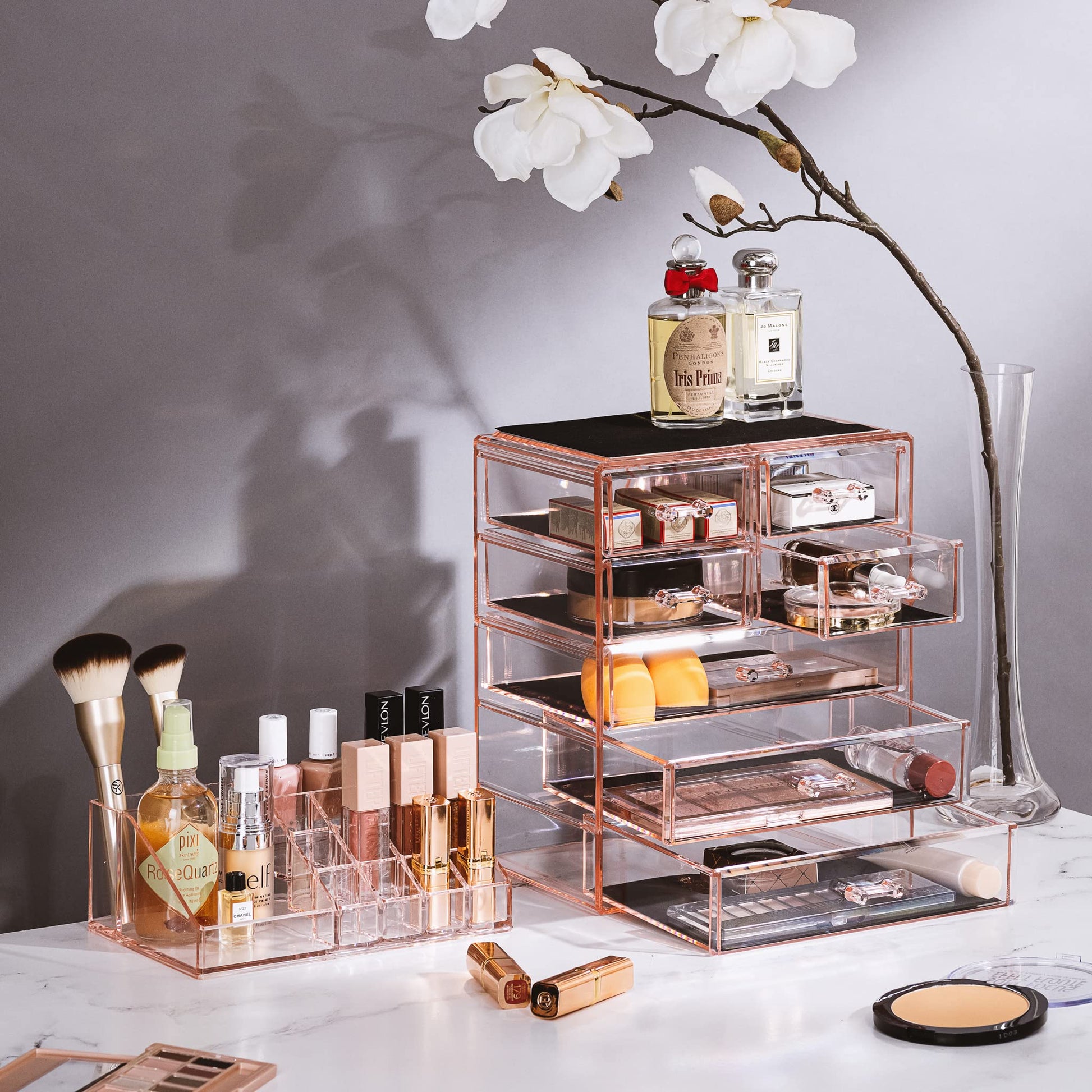Clear Cosmetic Makeup Organizer  Make Up  Jewelry Storage, Case  Display  Spacious Design  Great Holder for Dresser, Bathroom, Vanity  Countertop 3 Large, 4 Small Dr ers) Pink]