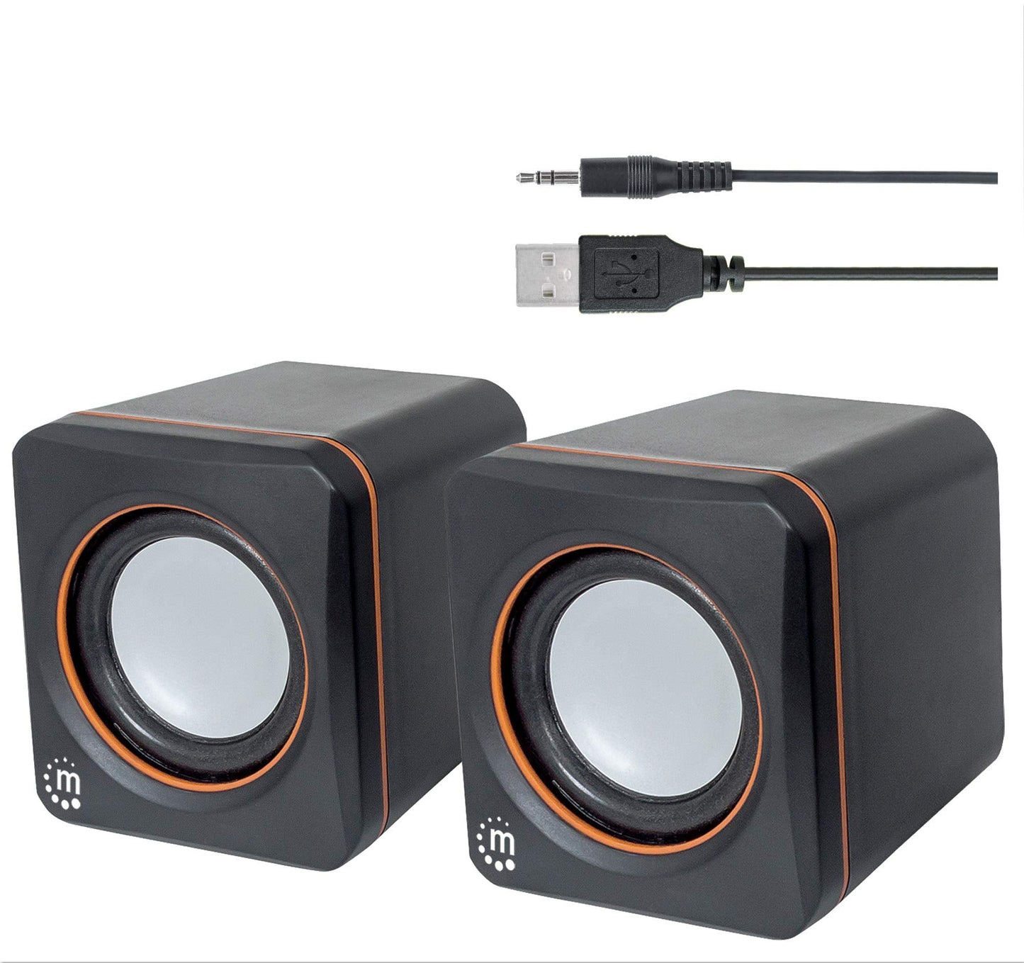 USB Powered Stereo Speaker System - Small Size - with Volume Control & 3.5 mm Aux Audio Plug to Connect to Laptop, Notebook, Desktop, Computer - 3 Yr Mfg Warranty - Black Orange, 161435
