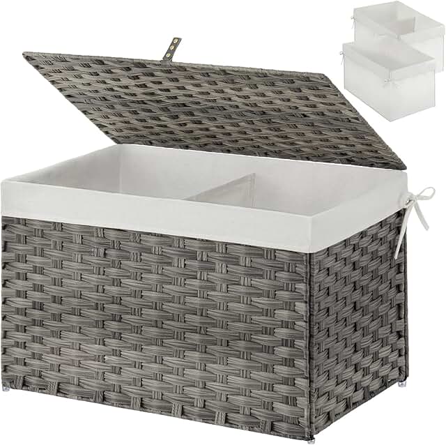 Large Grey Wicker Storage Basket with Lid and Handles