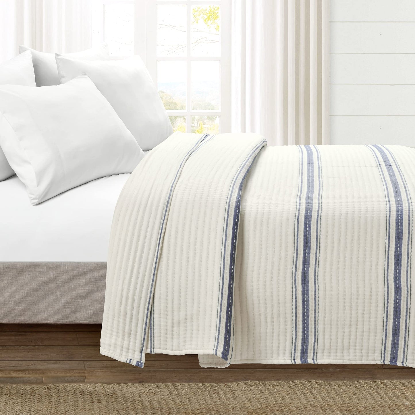 Farmhouse Stripe Kantha Pick Stitch Yarn Dyed Cotton Woven Quilt/Coverlet, Full/Queen, Navy