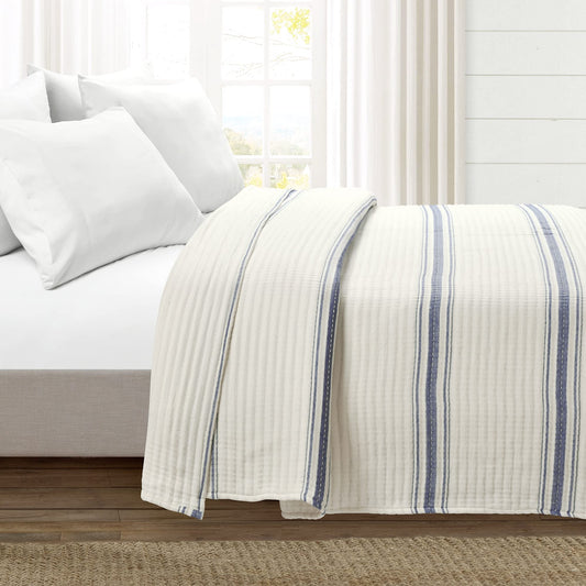 Farmhouse Stripe Kantha Pick Stitch Yarn Dyed Cotton Woven Quilt/Coverlet, Full/Queen, Navy
