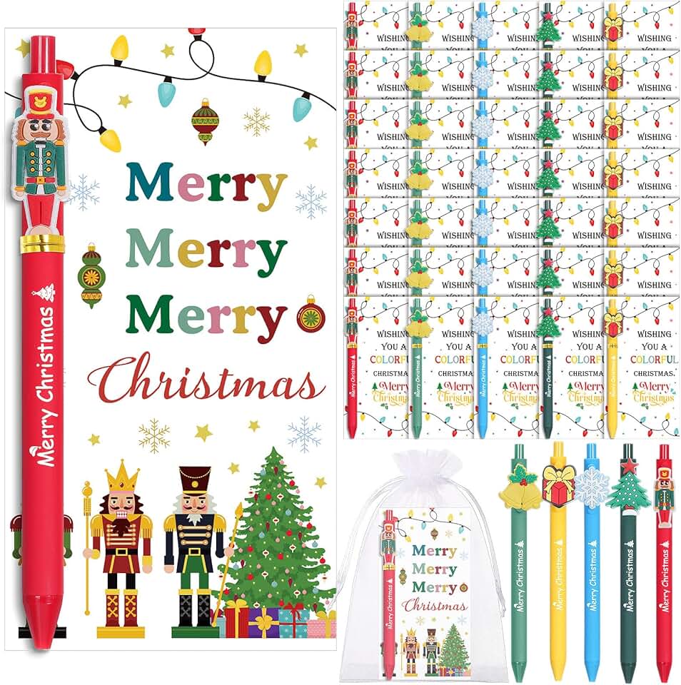 Christmas gift set with pens, cards, and accessories