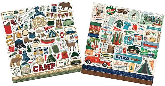 Camping Scrapbook Stickers Set with Camper and Cabin Designs