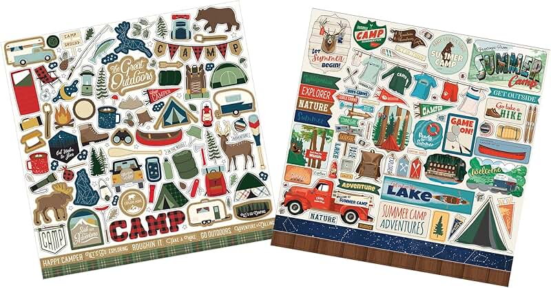 Camping Scrapbook Stickers Set with Camper and Cabin Designs