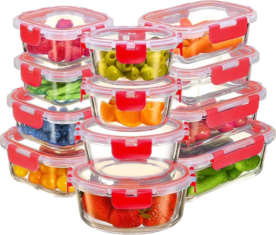 24 Piece Leak Proof Glass Food Storage Containers
