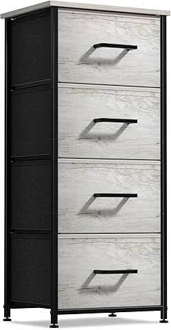 Nightstand with 4 faux wood drawers and fabric bins