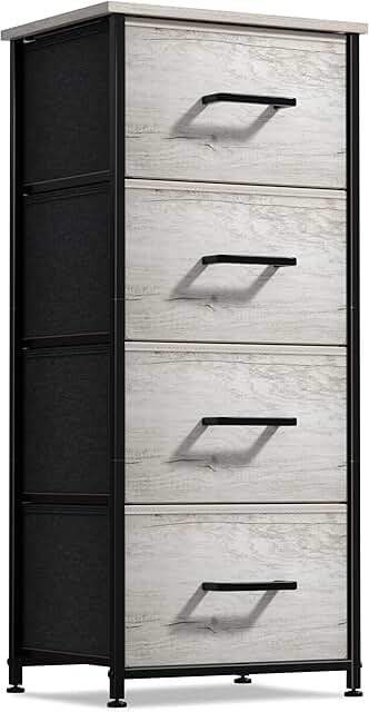 Nightstand with 4 faux wood drawers and fabric bins