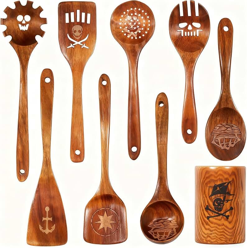 9-Piece Wooden Cooking Utensil Set with Pirate Icons