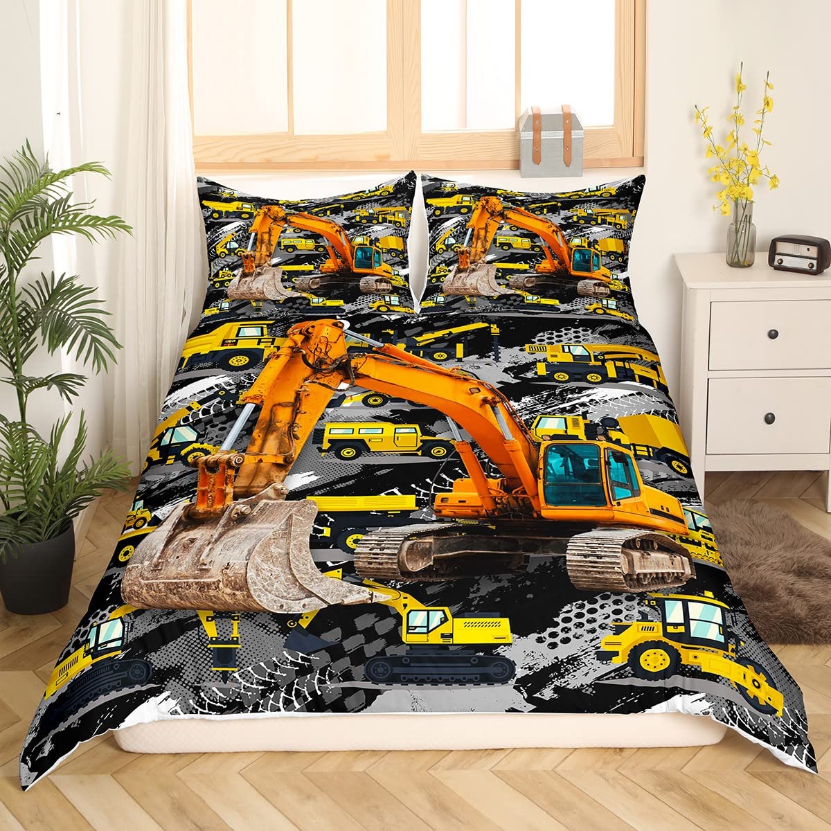 Children Excavator Duvet Cover Set Twin Size Teens Cartoon Truck Bedding Set 2pcs for Kids Room Decor Boys Construction Vehicle Comforter Cover with 1 Pillowcase Yellow Car Bedspread