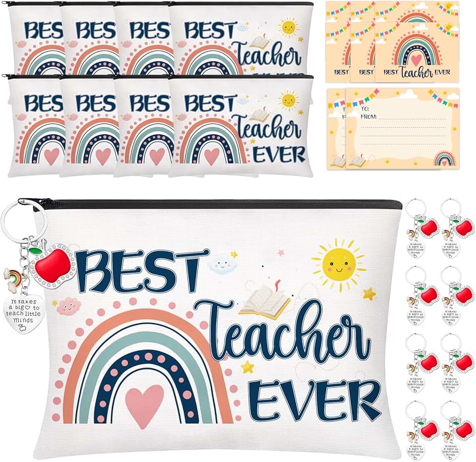 Teacher appreciation gift set with bags, keychains, cards