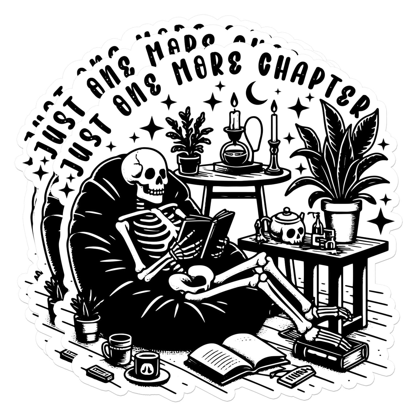 Set of 3 Book Lover Stickers, 2 Inch Skeleton Reading Decal