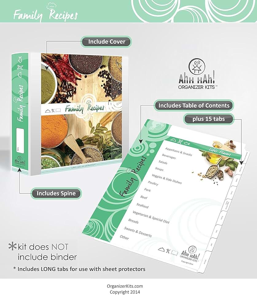 Recipe Organizer Kit with Durable Inserts and Wide Tabs