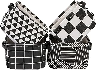 Foldable Black and White Linen Storage Baskets Set of 4