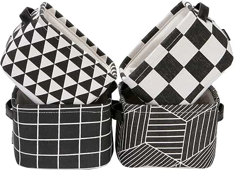 Foldable Black and White Linen Storage Baskets Set of 4