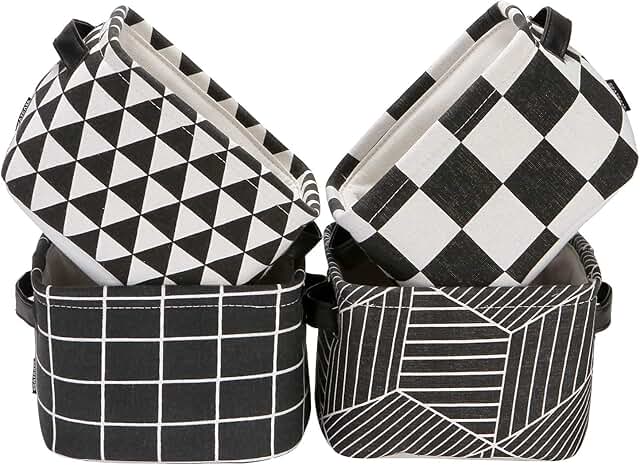 Foldable Black and White Linen Storage Baskets Set of 4