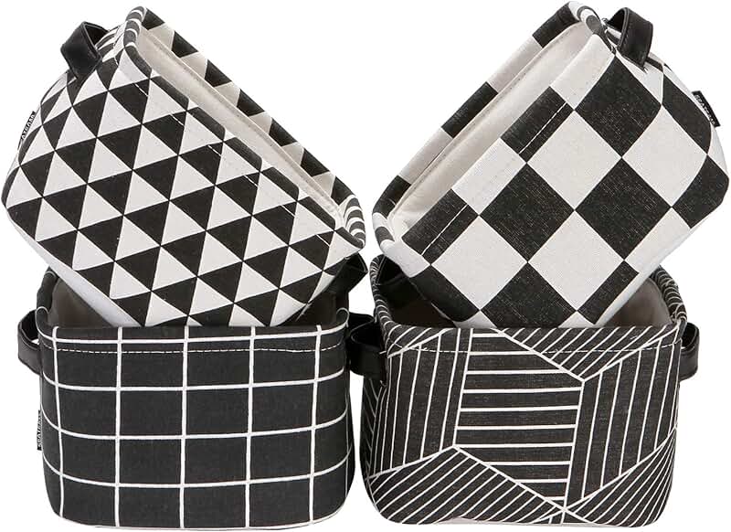 Foldable Black and White Linen Storage Baskets Set of 4