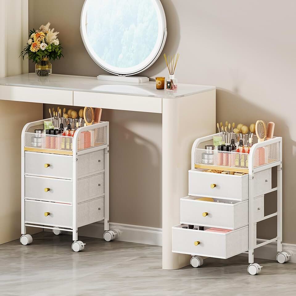 Rolling Makeup Organizer Cart with 3 Drawers for Skincare and Cosmetics