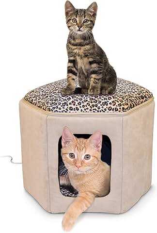 Heated Cat Bed, Tan/Leopard, 12 x 17 inches