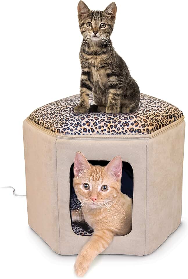 Heated Cat Bed, Tan/Leopard, 12 x 17 inches