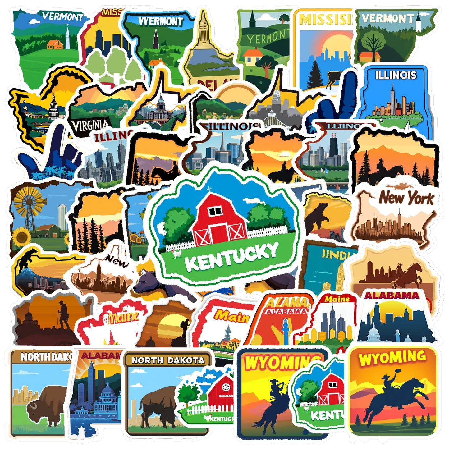 Set of 100 Waterproof US State Stickers for Luggage and Scrapbooking