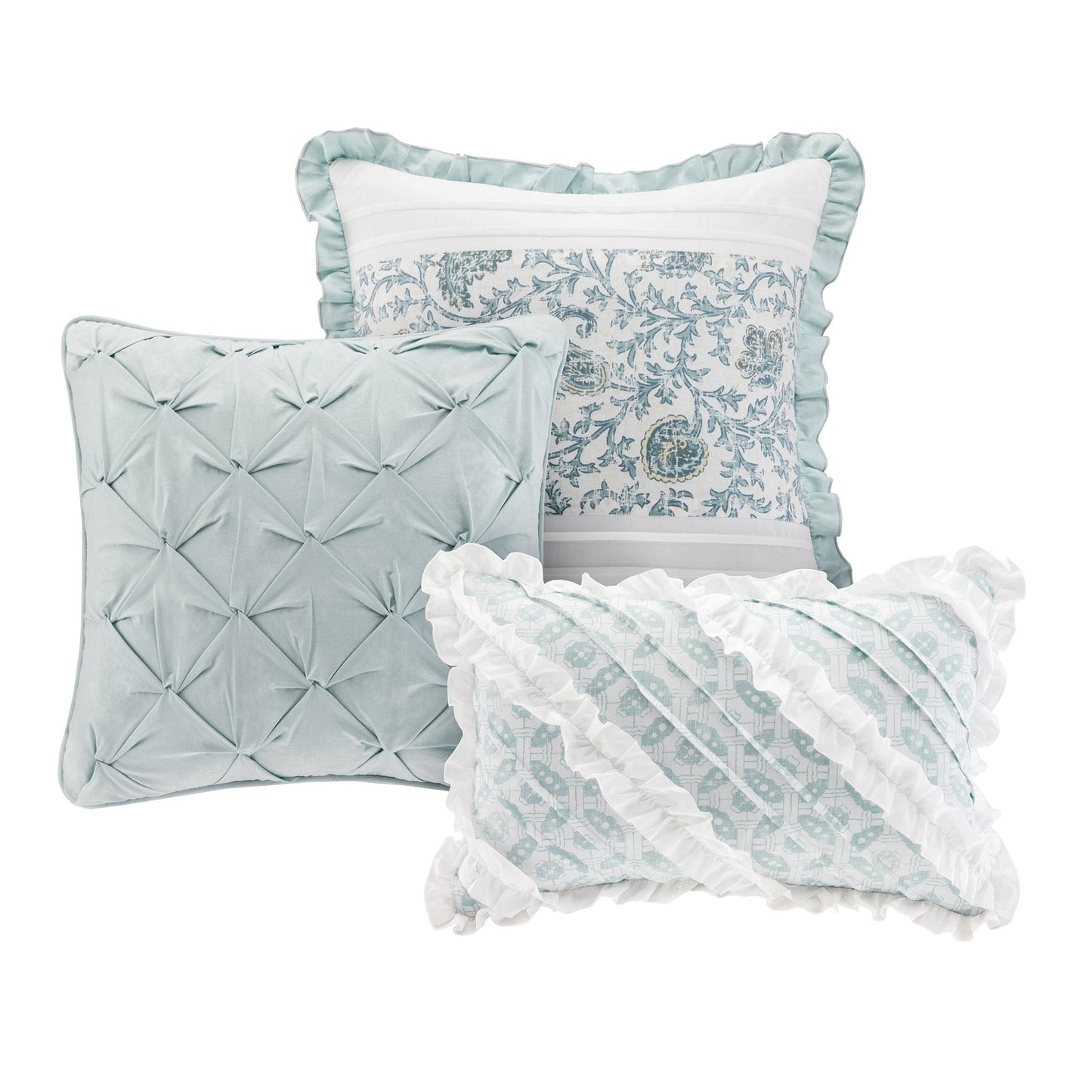 D n 100% Cotton Duvet Set Floral Shabby Chic Design All Season Comforter Cover Bedding, Matching Shams, Percale Light Weight Bed Comforter Covers, Queen(90"x90"), Blue 9 Piece