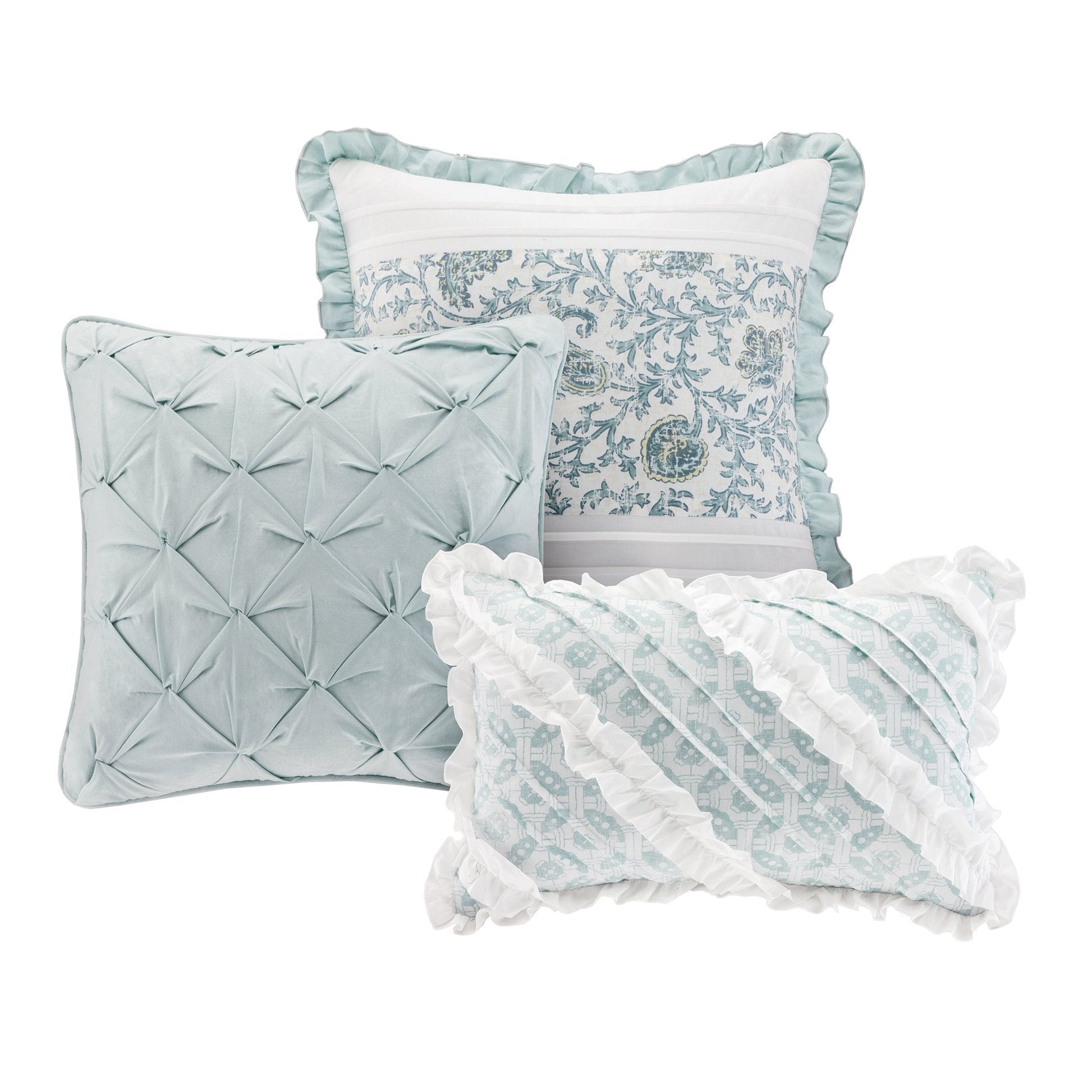 D n 100% Cotton Duvet Set Floral Shabby Chic Design All Season Comforter Cover Bedding, Matching Shams, Percale Light Weight Bed Comforter Covers, Queen(90"x90"), Blue 9 Piece