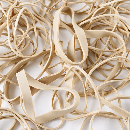 Amber rubber bands in assorted sizes, 3/8 oz bags