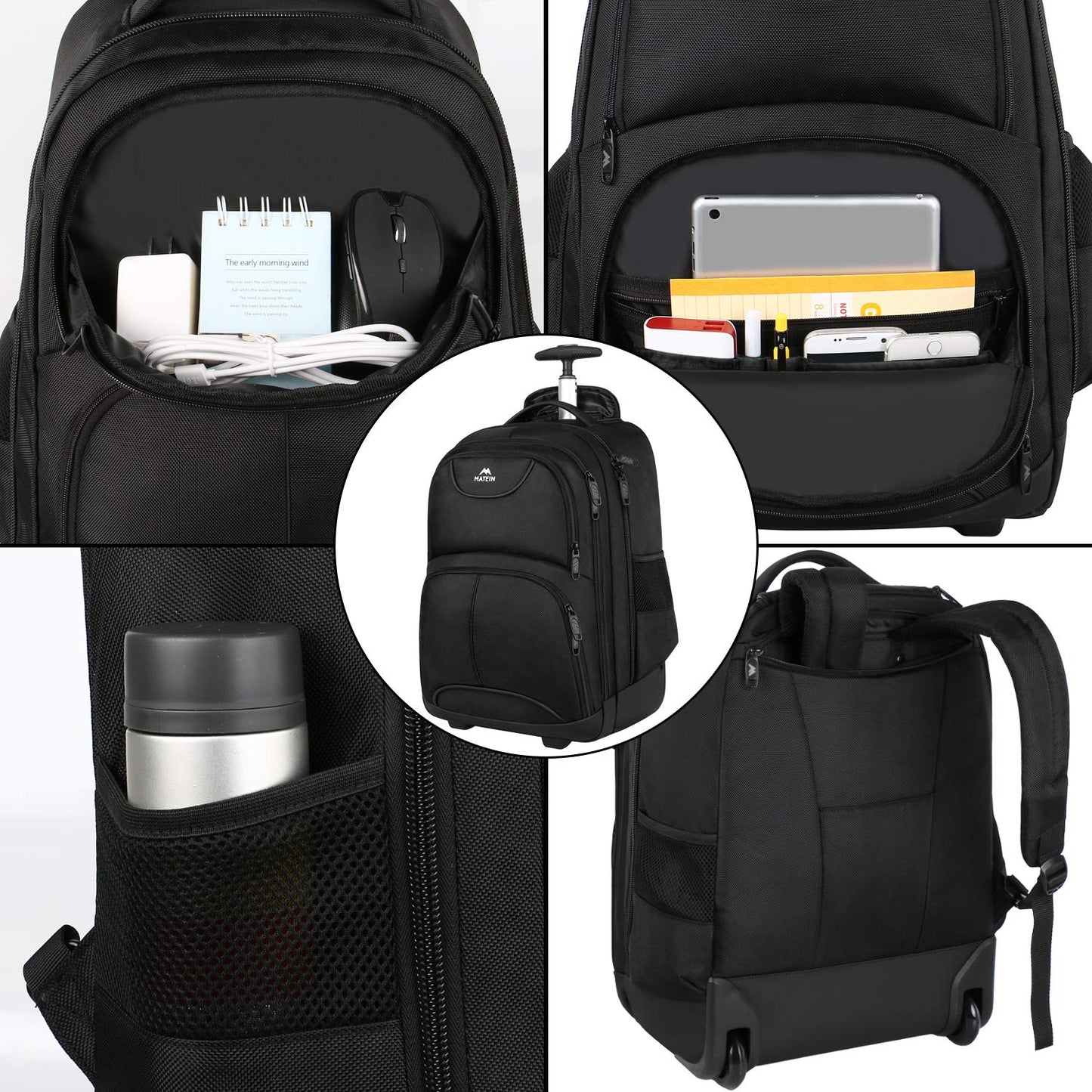 Rolling Backpack, Water Resistant College Wheeled Laptop Backpack for Travel,Good Gift for Men Carry on Luggage Business Bag Student Computer Bag for Men Women fit 15.6 Inch Notebook,Black