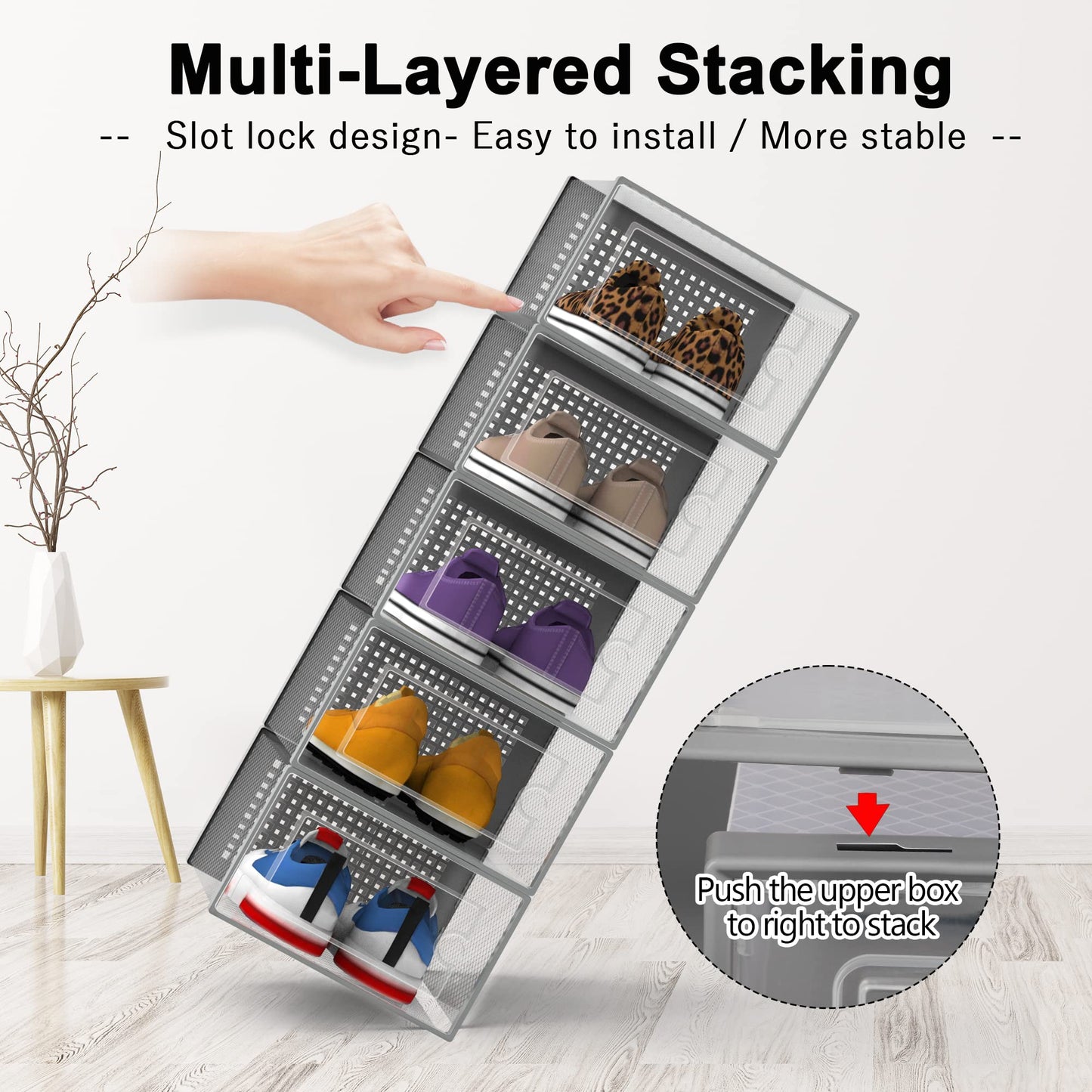 Shoe Organizer Storage Boxes for Closet 12 Packs Grey, Clear Plastic Stackable Shoe Storage Bins with Dr ers  Lids, Under Bed Shoe Storage Containers For Entryway, Closet, Drop Front