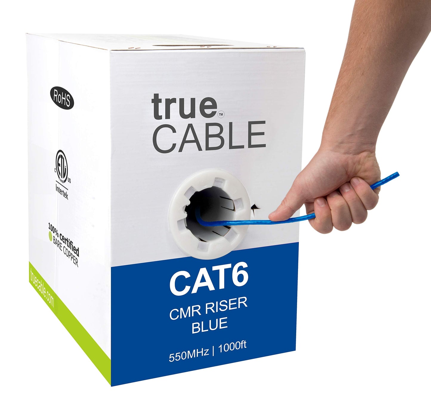 Cat6 Riser (CMR), 1000ft, Blue, 23AWG 4 Pair Solid Bare Copper, 550MHz, ETL Listed, Unshielded Twisted Pair (UTP), Bulk Ethernet