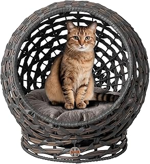 Elevated Rattan Cat Bed with Cushion in Grey