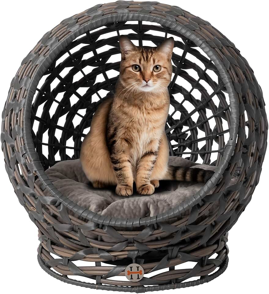 Elevated Rattan Cat Bed with Cushion in Grey