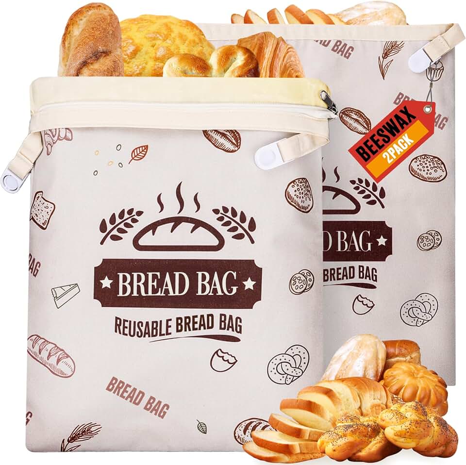 Two Reusable Cotton Beeswax Bread Bags for Fresh Loaves