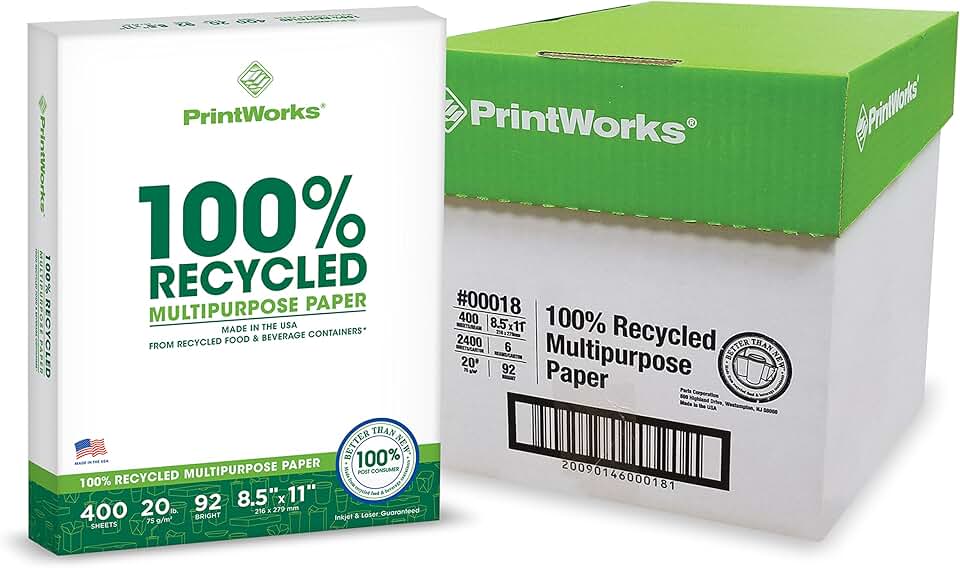 White 8.5x11 Recycled Printer Paper, 20 lb, 2400 Sheets