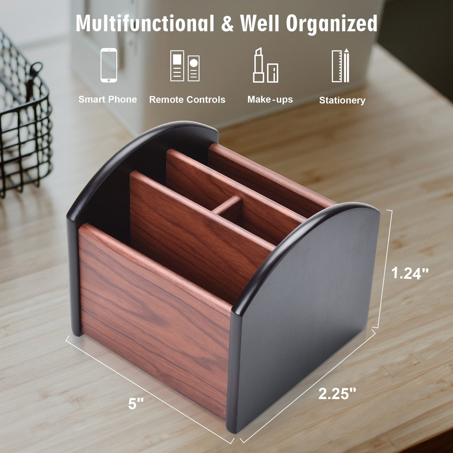 Wooden 4-Compartment Revolving Desk Organizer