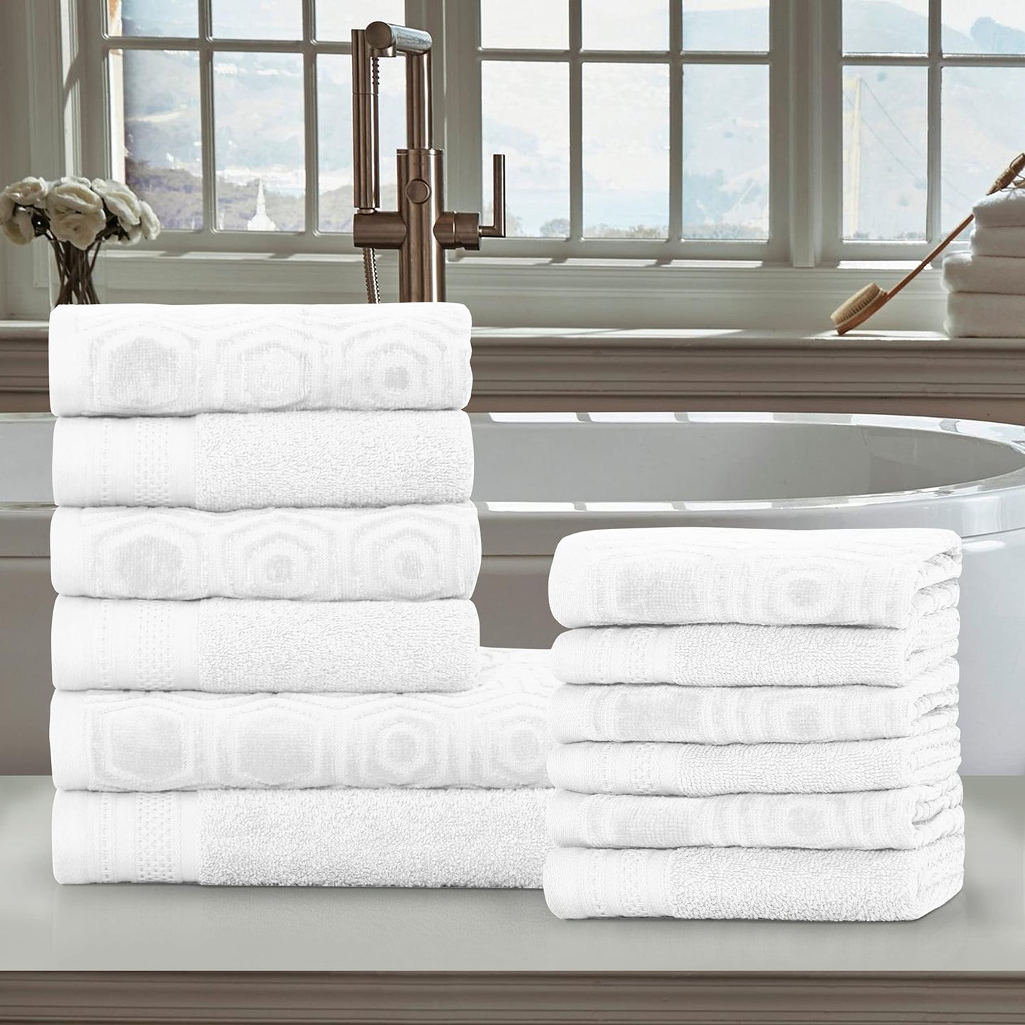100% Cotton Honeycomb Jacquard Towel Set, 12 Piece, White
