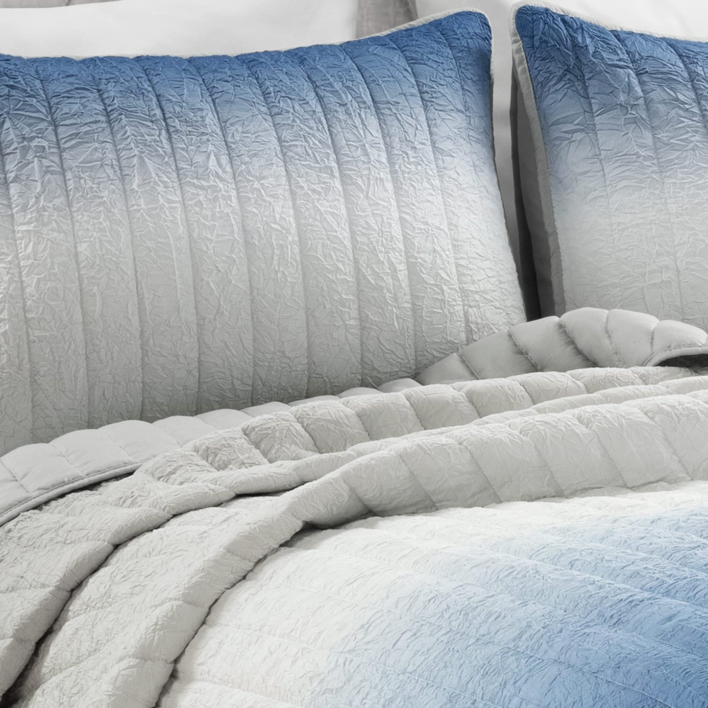 Crinkle Ombre 3 Piece Quilt Set, Full/Queen, Navy  Gray