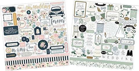 Wedding Scrapbook Stickers with Bride, Groom, Gown, Cake, and Flower Designs