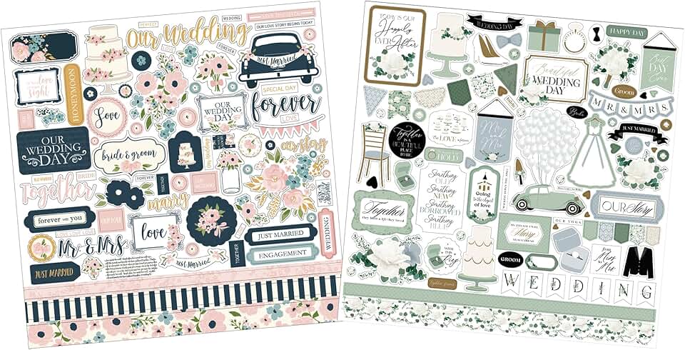 Wedding Scrapbook Stickers with Bride, Groom, Gown, Cake, and Flower Designs