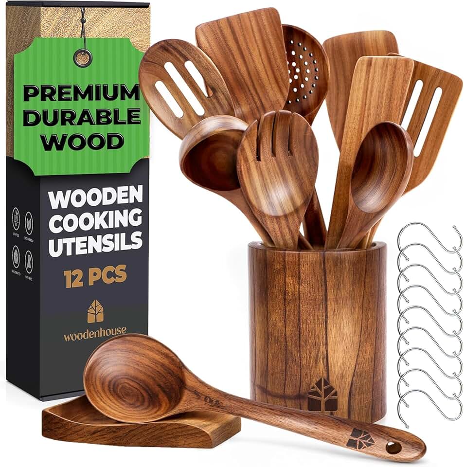 12-Piece Wooden Cooking Utensil Set with Holder