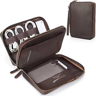 Full Grain Leather Travel Cable Organizer with Double Layer Compartments