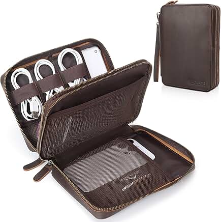 Full Grain Leather Travel Cable Organizer with Double Layer Compartments